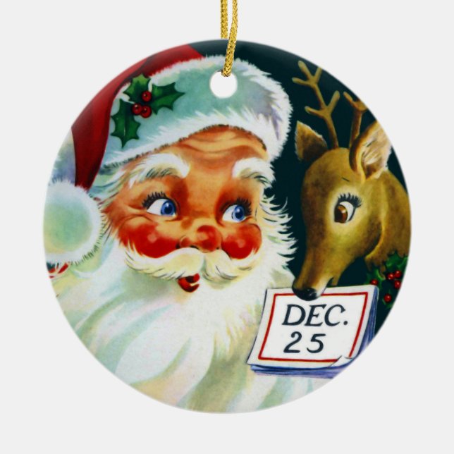 Vintage Santa Claus & Reindeer Christmas Ornament (Front)