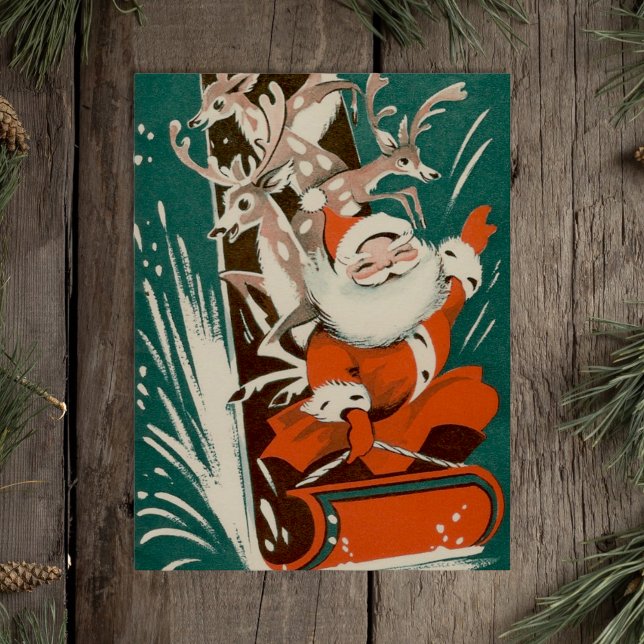 Vintage Santa Claus + Reindeer Sledding Retro xmas Postcard (Creator Uploaded)