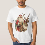 Vintage Santa Claus Riding a Reindeer Christmas T-Shirt<br><div class="desc">Christmas t-shirt with a fun Christmas illustration. Santa Claus in his traditional red suit riding a big antlered reindeer decorated with holly. A Christmas tree in the back.</div>