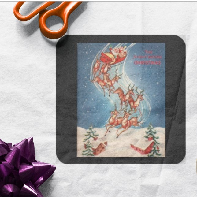 Vintage Santa Claus Sleigh and Reindeer Flying Square Sticker (Creator Uploaded)
