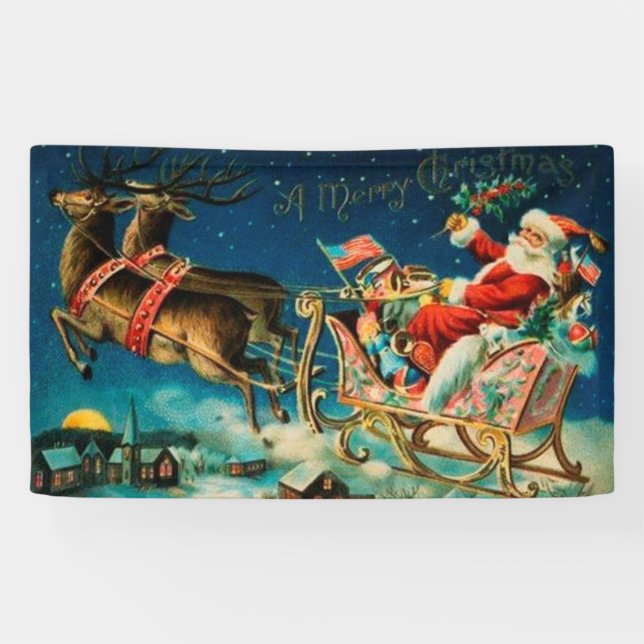 Vintage Santa Claus Sleigh Christmas Holiday Banner (Horizontal)