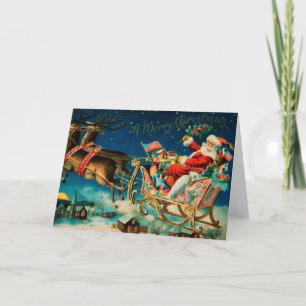 Vintage Santa Claus Sleigh Christmas Holiday Card