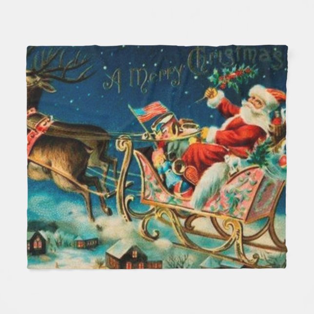 Vintage Santa Claus Sleigh Christmas Holiday Fleece Blanket (Front (Horizontal))