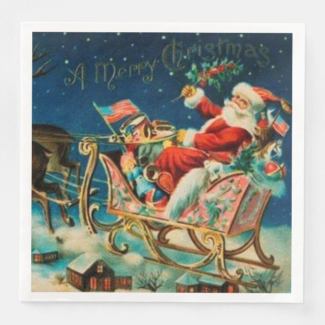 Vintage Santa Claus Sleigh Christmas Holiday Napkin (Front)