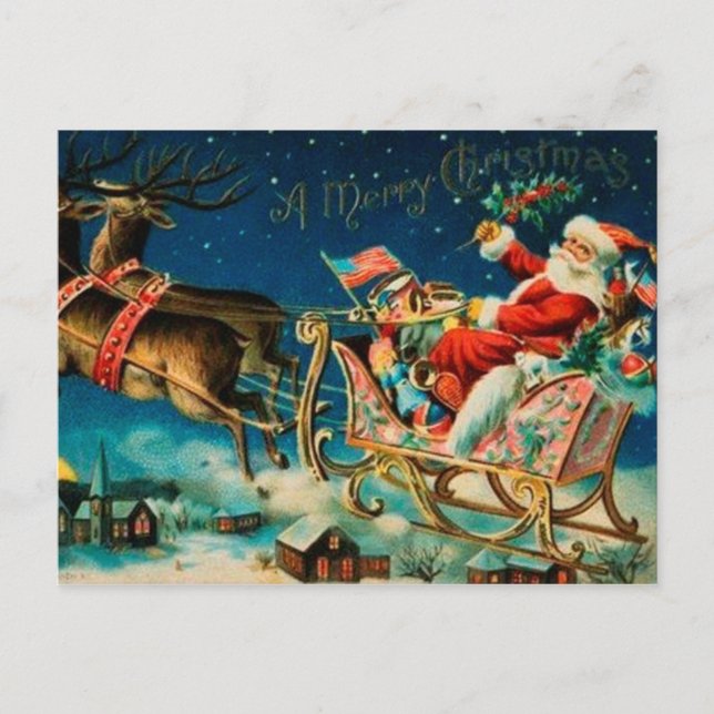 Vintage Santa Claus Sleigh Christmas Holiday Postcard (Front)