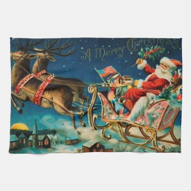 Vintage Santa Claus Sleigh Christmas Holiday Tea Towel (Horizontal)