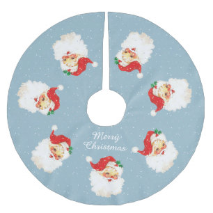 Vintage Santa Claus & Snowflakes on Light Blue Brushed Polyester Tree Skirt