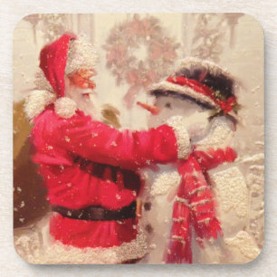 Vintage Santa Claus Snowman Christmas Coaster