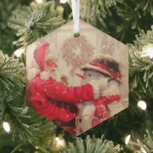 Vintage Santa Claus Snowman Christmas Glass Tree Decoration