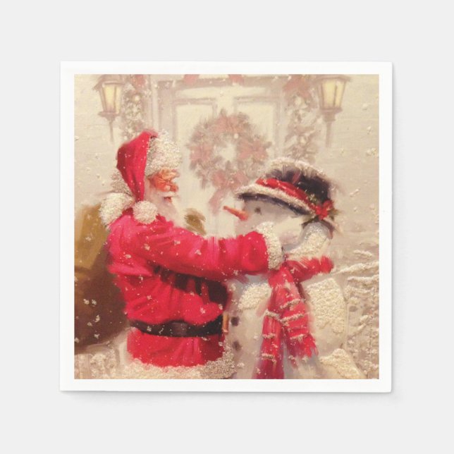 Vintage Santa Claus Snowman Christmas Napkin (Front)