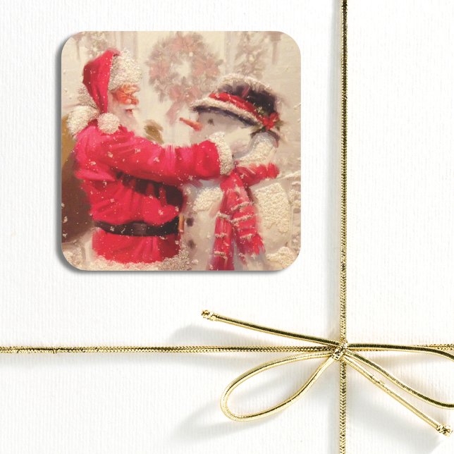 Vintage Santa Claus Snowman Christmas Square Sticker (Creator Uploaded)