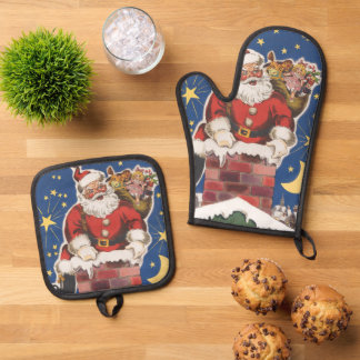 Vintage Santa Claus, Twas Night Before Christmas Oven Mitt & Pot Holder Set
