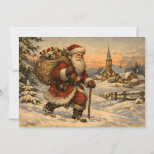 Vintage Santa Claus Walking in the Snow  Holiday Card