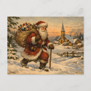 Vintage Santa Claus Walking in the Snow  Holiday Postcard