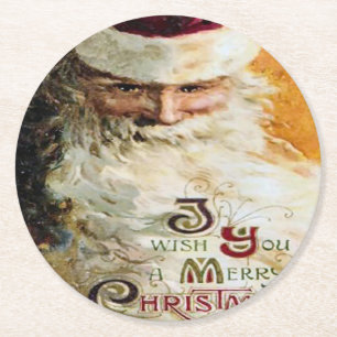 Vintage Santa Claus Wishes Merry Christmas Round Paper Coaster