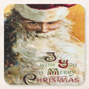Vintage Santa Claus Wishes Merry Christmas Square Paper Coaster