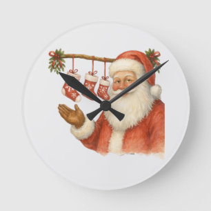 Vintage Santa Claus with Christmas Stockings Round Clock