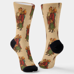 Vintage Santa Claus with Christmas tree Socks