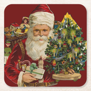 Vintage Santa Claus with Gifts Christmas Square Paper Coaster