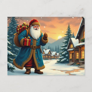 Vintage Santa Claus with Gifts Visiting Village  Holiday Postcard