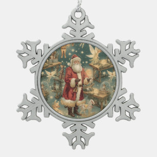 Vintage Santa Claus with Magic & Fairies Snowflake Pewter Christmas Ornament
