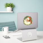 Vintage Santa Claus with Pine Wreath<br><div class="desc">Contour sticker with a retro image featuring a smiling happy Santa Claus surrounded by a pine wreath with a sprig of holly in his cap.</div>