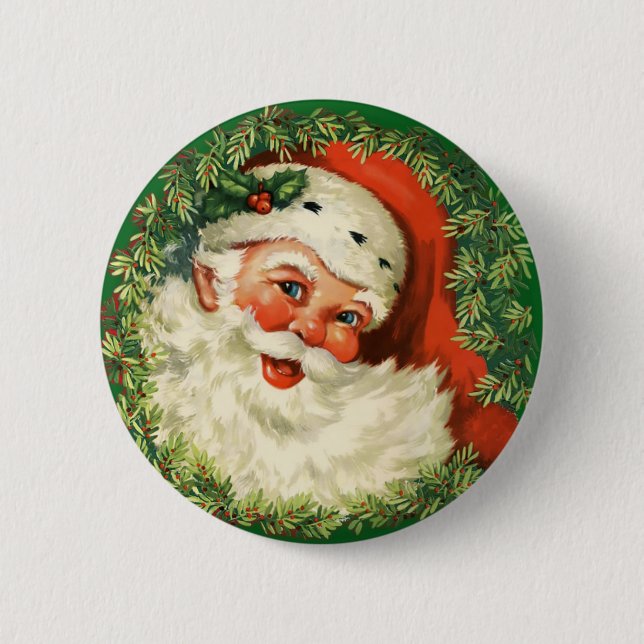 Vintage Santa Claus with Pine Wreath 6 Cm Round Badge (Front)