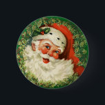 Vintage Santa Claus with Pine Wreath 6 Cm Round Badge<br><div class="desc">Button with a retro image featuring a smiling happy Santa Claus surrounded by a pine wreath with a sprig of holly in his cap.</div>