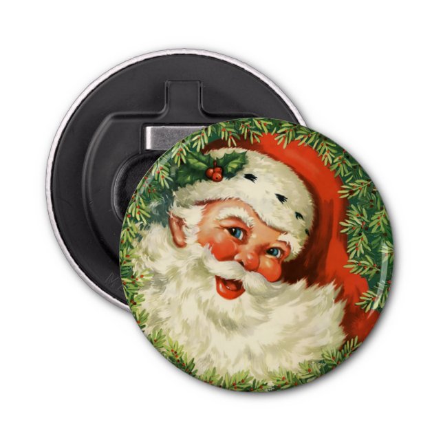 Vintage Santa Claus with Pine Wreath Bottle Opener (Front)