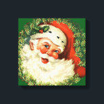 Vintage Santa Claus with Pine Wreath Canvas Print<br><div class="desc">Canvas print with a retro image featuring a smiling happy Santa Claus surrounded by a pine wreath with a sprig of holly in his cap.</div>