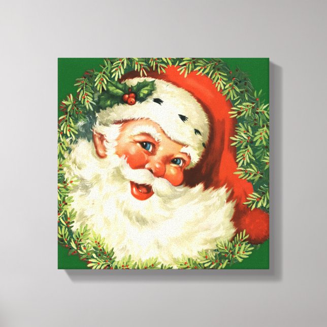 Vintage Santa Claus with Pine Wreath Canvas Print (Front)