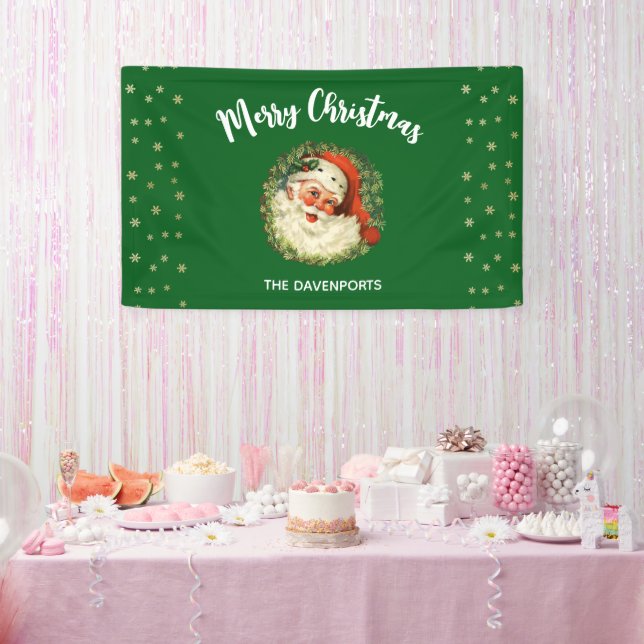 Vintage Santa Claus with Pine Wreath Christmas Banner (Party)