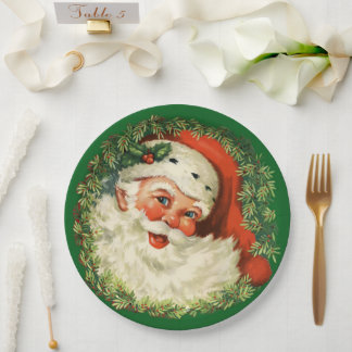 Vintage Santa Claus with Pine Wreath Paper Plate