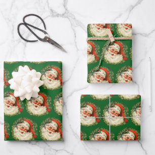 Vintage Santa Claus with Pine Wreath Pattern Wrapping Paper Sheet