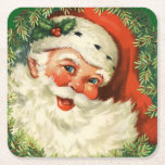 Vintage Santa Claus with Pine Wreath Square Paper Coaster<br><div class="desc">Paper coasters with a retro image featuring a smiling happy Santa Claus surrounded by a pine wreath with a sprig of holly in his cap.</div>