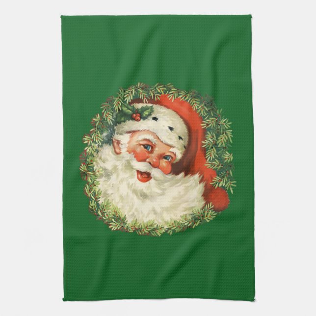 Vintage Santa Claus with Pine Wreath Tea Towel (Vertical)