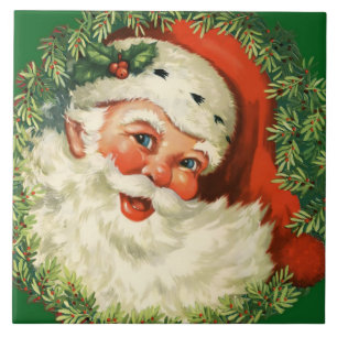 Vintage Santa Claus with Pine Wreath Tile