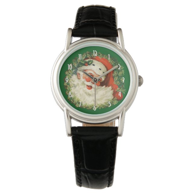 Vintage Santa Claus with Pine Wreath Watch (Front)