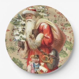 Vintage Santa Claus with Toys and Christmas Tree Paper Plate