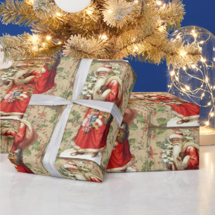 Vintage Santa Claus with Toys and Christmas Tree Wrapping Paper