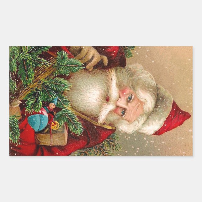 Vintage Santa Claus with Toys Rectangular Sticker (Front)