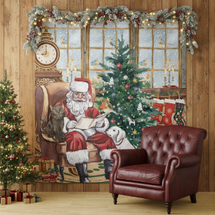Vintage Santa Cozy Christmas Animals Backdrop Tapestry