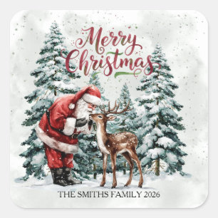 Vintage Santa & Deer Christmas Square Sticker