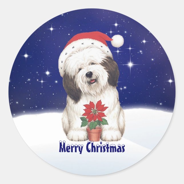 Vintage Santa Dog and Poinsettia Christmas Sticker (Front)