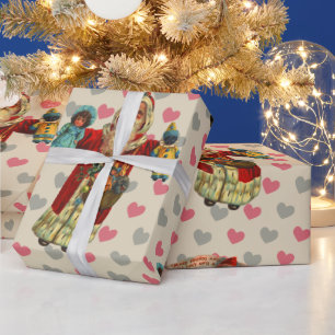 Vintage Santa Doll Nostalgia Hearts  Wrapping Paper