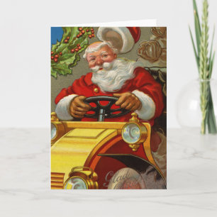 Vintage Santa Driving a Yellow Car Greeting Card