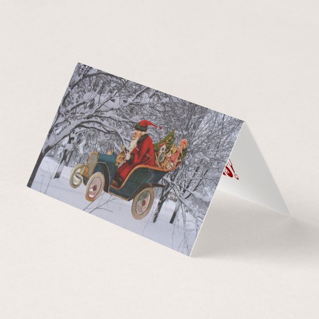 Vintage Santa Driving in a Modern Snow Scene Cards (Front)