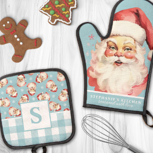 Vintage Santa Face Blue Gingham Monogrammed Oven Mitt & Pot Holder Set