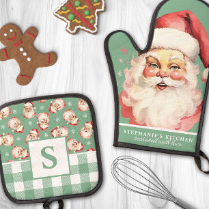 Vintage Santa Face Green Gingham Monogrammed Oven Mitt & Pot Holder Set