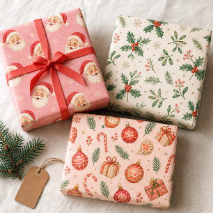 Vintage Santa Faces Pink Wrapping Paper